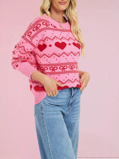 Heart & Bow Pattern Round Neck Sweater-Nordavory