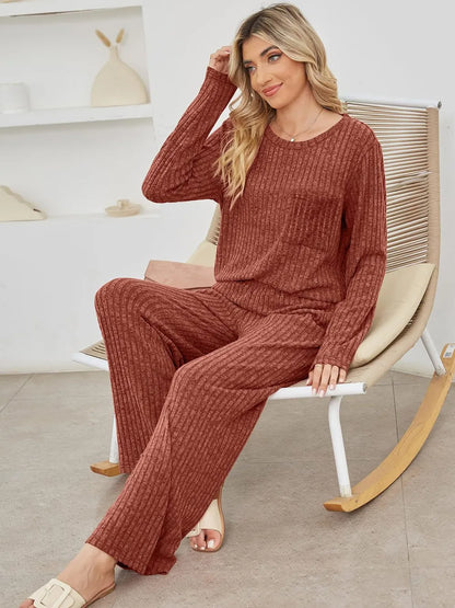 Round Neck Long Sleeve Top and Pants Set-Nordavory