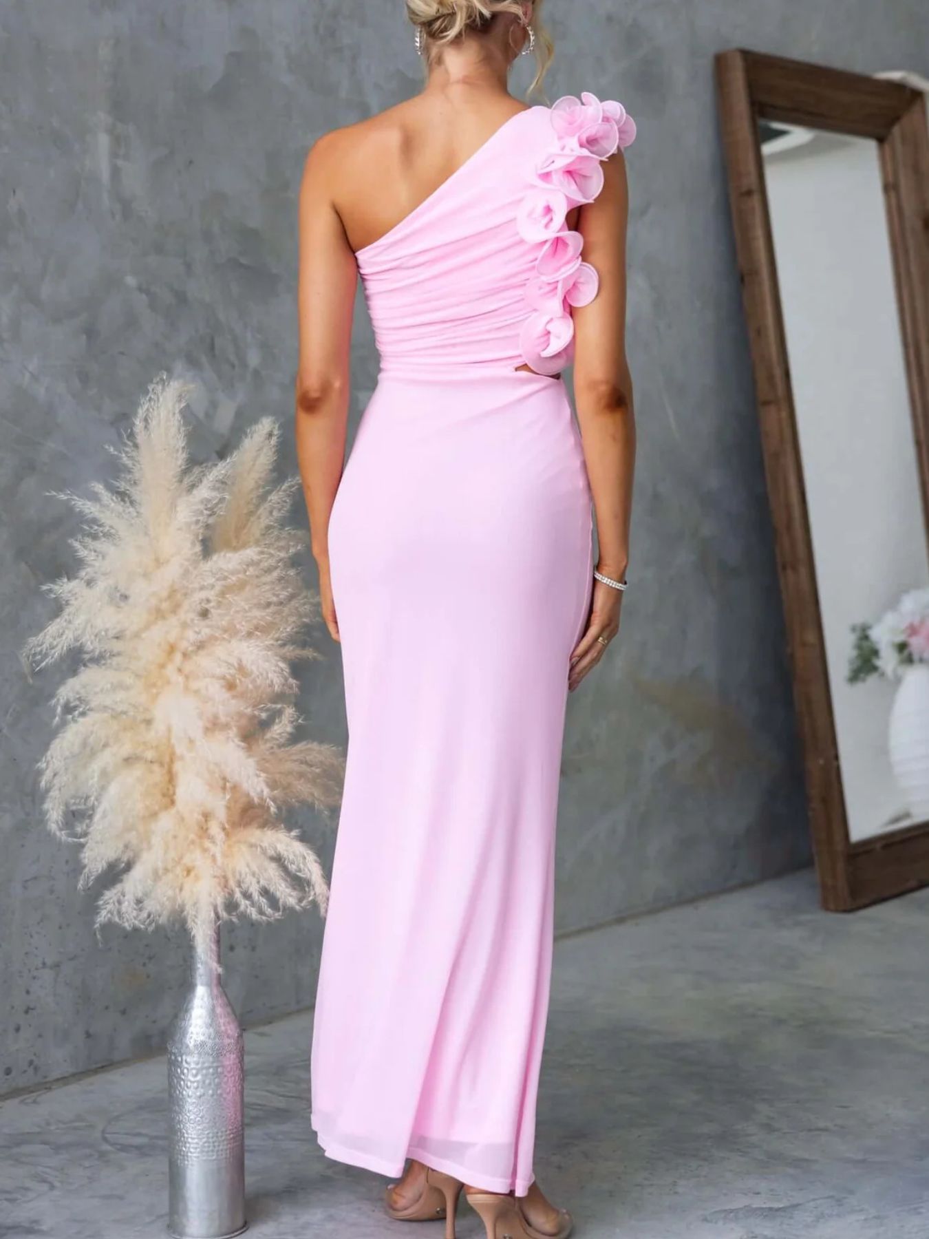 One-Shoulder Floral Trim Sleeveless Maxi Dress-Nordavory