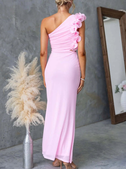 One-Shoulder Floral Trim Sleeveless Maxi Dress-Nordavory