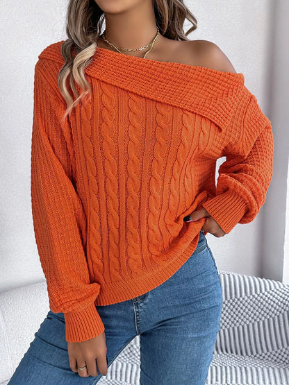 Off-Shoulder Cable Knit Sweater-Nordavory