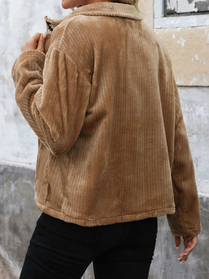Perfee Pocketed Zip Up Collared Neck Long Sleeve Jacket-Nordavory
