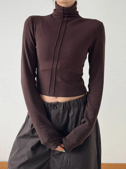 High Neck Long Sleeve Cropped T-Shirt-Nordavory