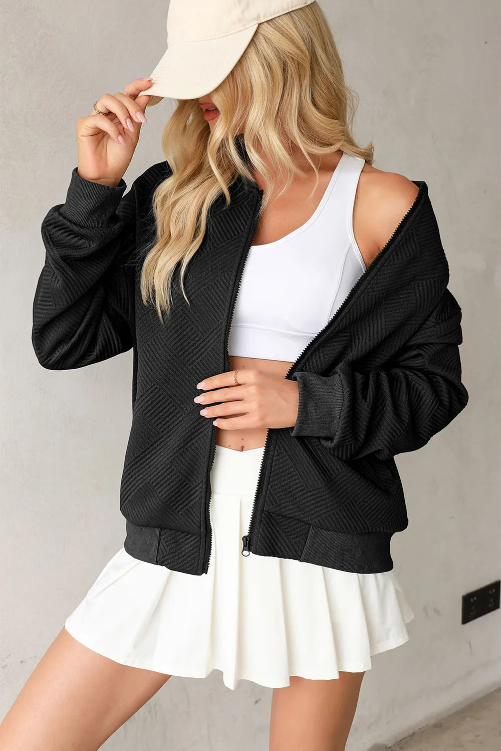 Texture Zip Up Baseball Collar Long Sleeve Jacket-Nordavory