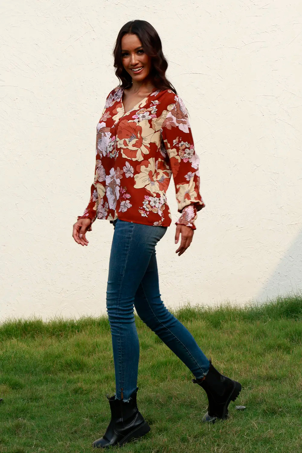 Floral V-Neck Smocked Lantern Sleeve Blouse-Nordavory