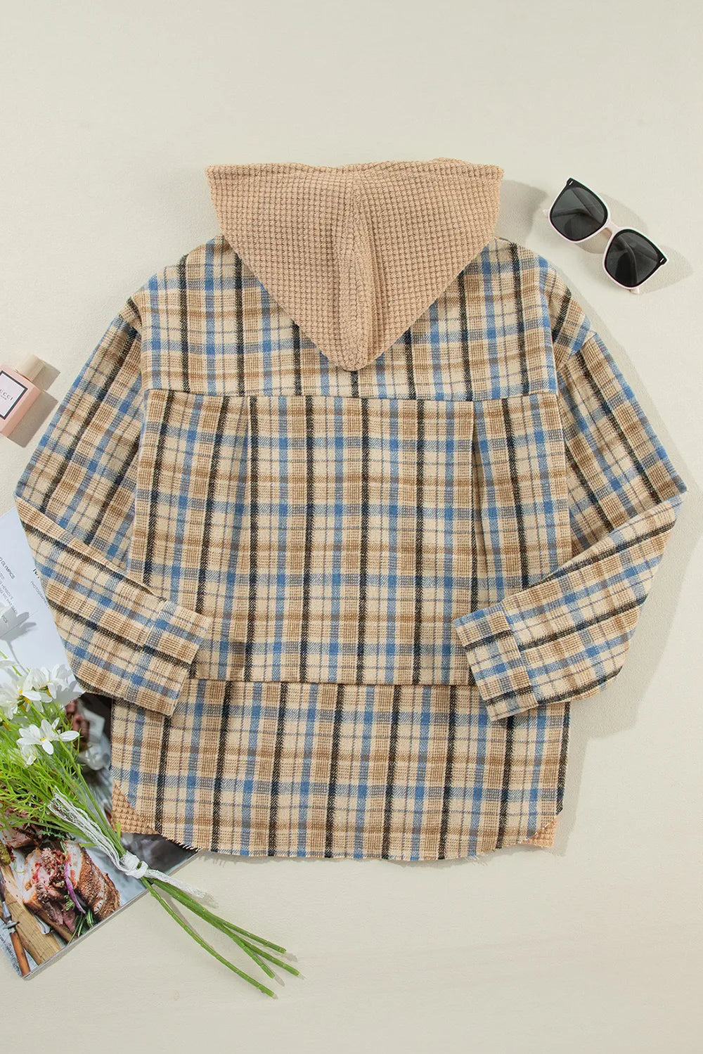 Drawstring Waffle Knit Patchwork Hooded Plaid Shacket-Nordavory