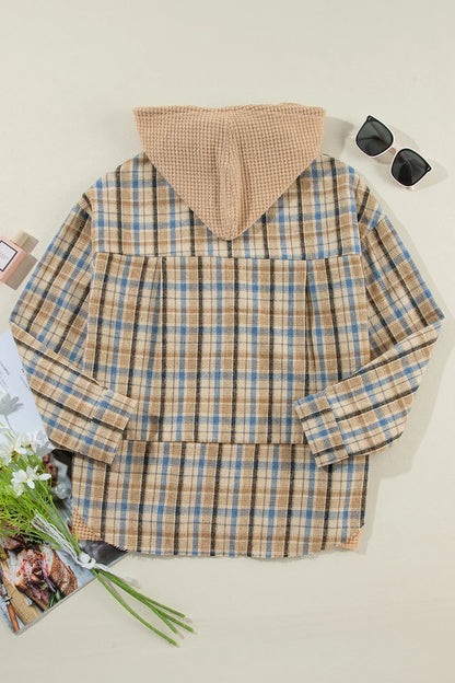 Drawstring Waffle Knit Patchwork Hooded Plaid Shacket-Nordavory