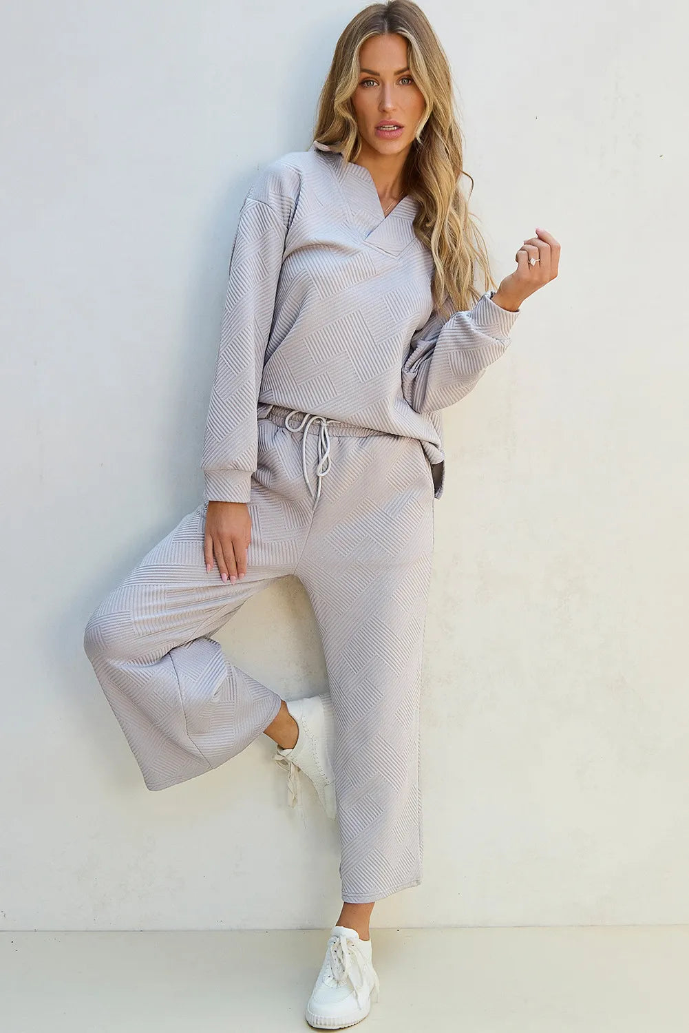 Textured Long Sleeve Top and Drawstring Pants Set-Nordavory