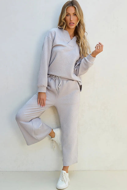 Textured Long Sleeve Top and Drawstring Pants Set-Nordavory