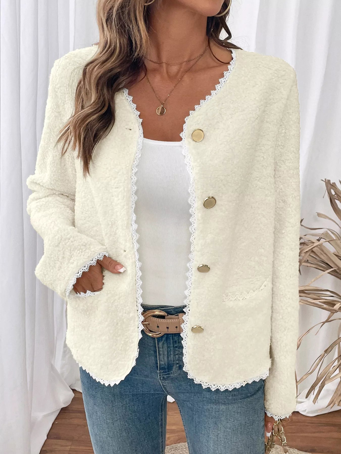 Lace Detail Button Up Long Sleeve Outerwear-Nordavory