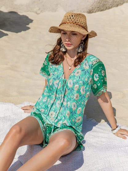Tied Printed Short Sleeve Romper-Nordavory