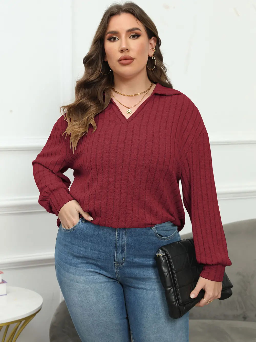 Plus Size Ribbed Collared Neck Long Sleeve Blouse-Nordavory