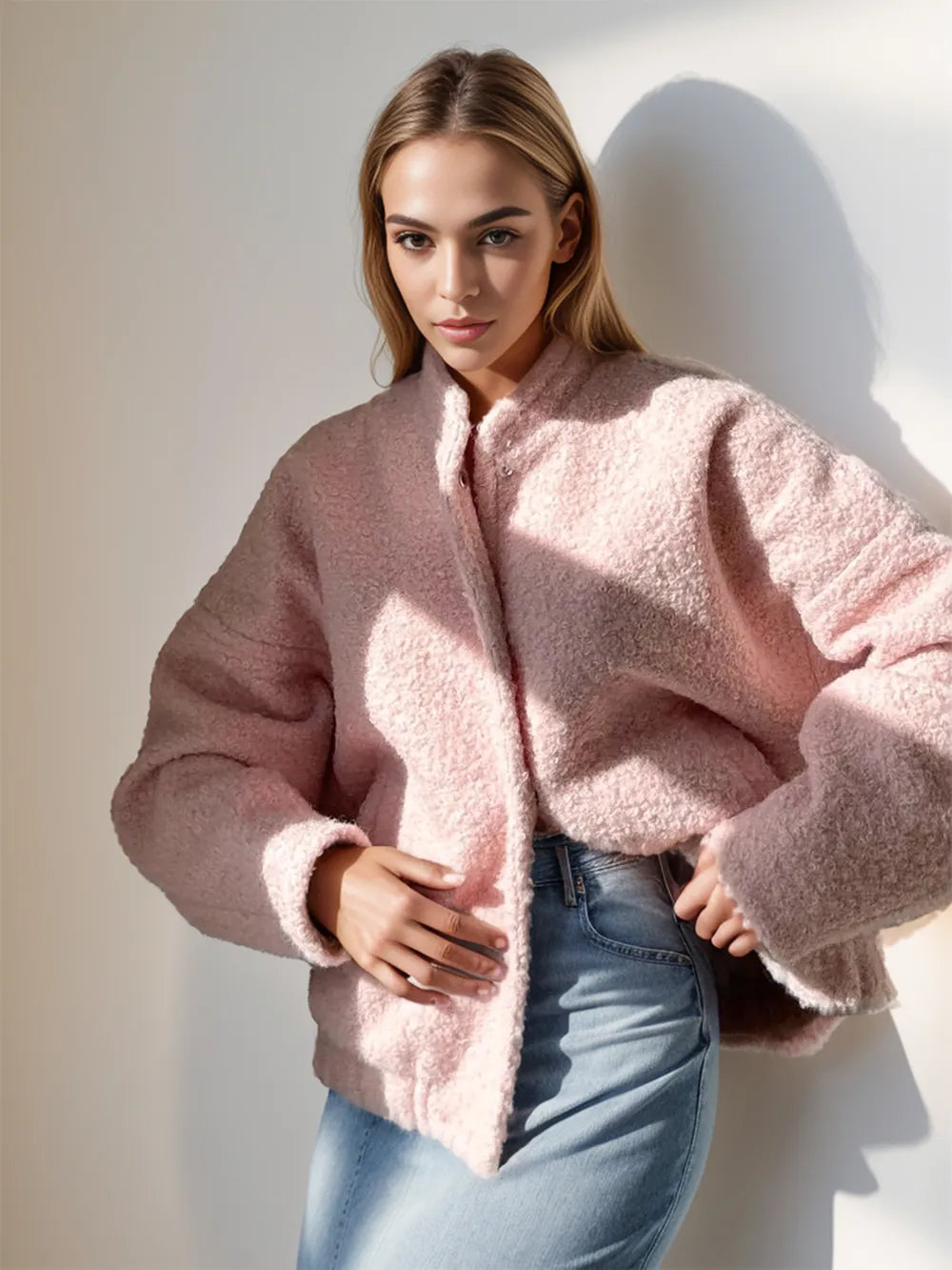 Double Take Plush Mock Neck Snap Down Jacket with Pockets-Nordavory