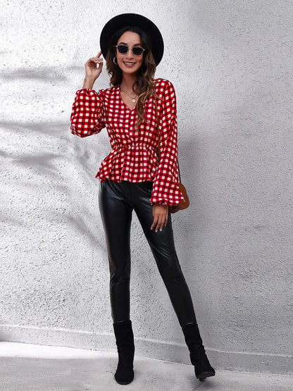 Plaid V-Neck Balloon Sleeve Peplum Blouse-Nordavory