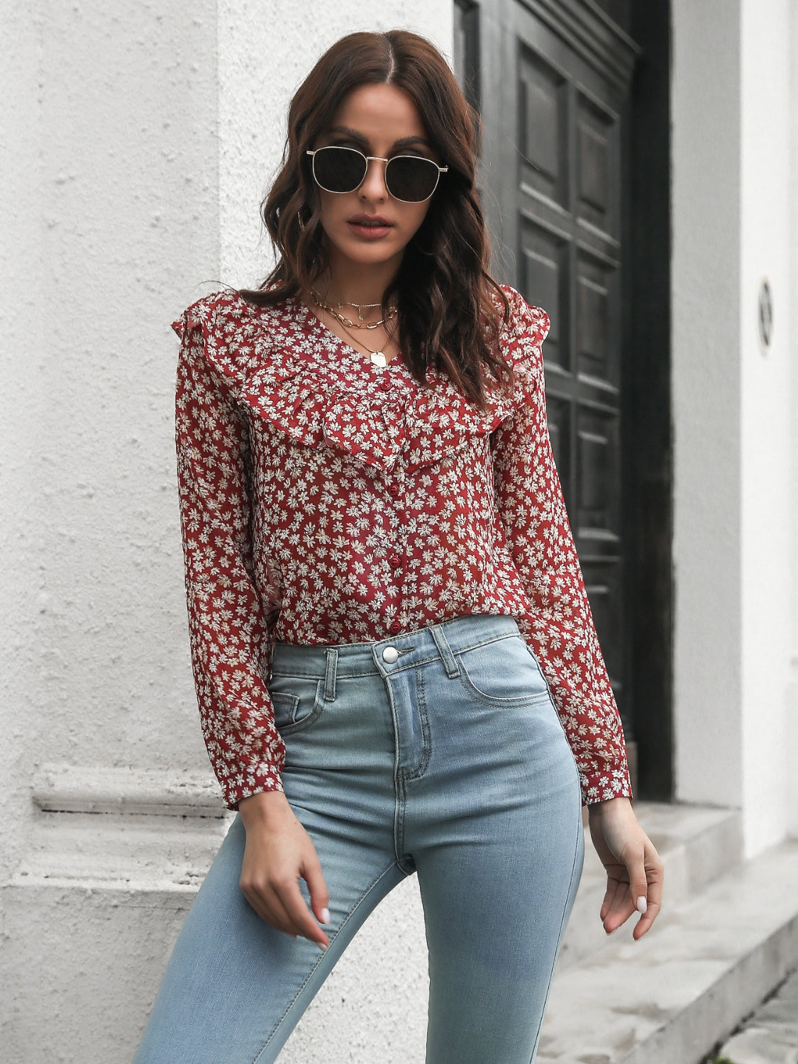 Printed Statement Collar Long Sleeve Blouse-Nordavory