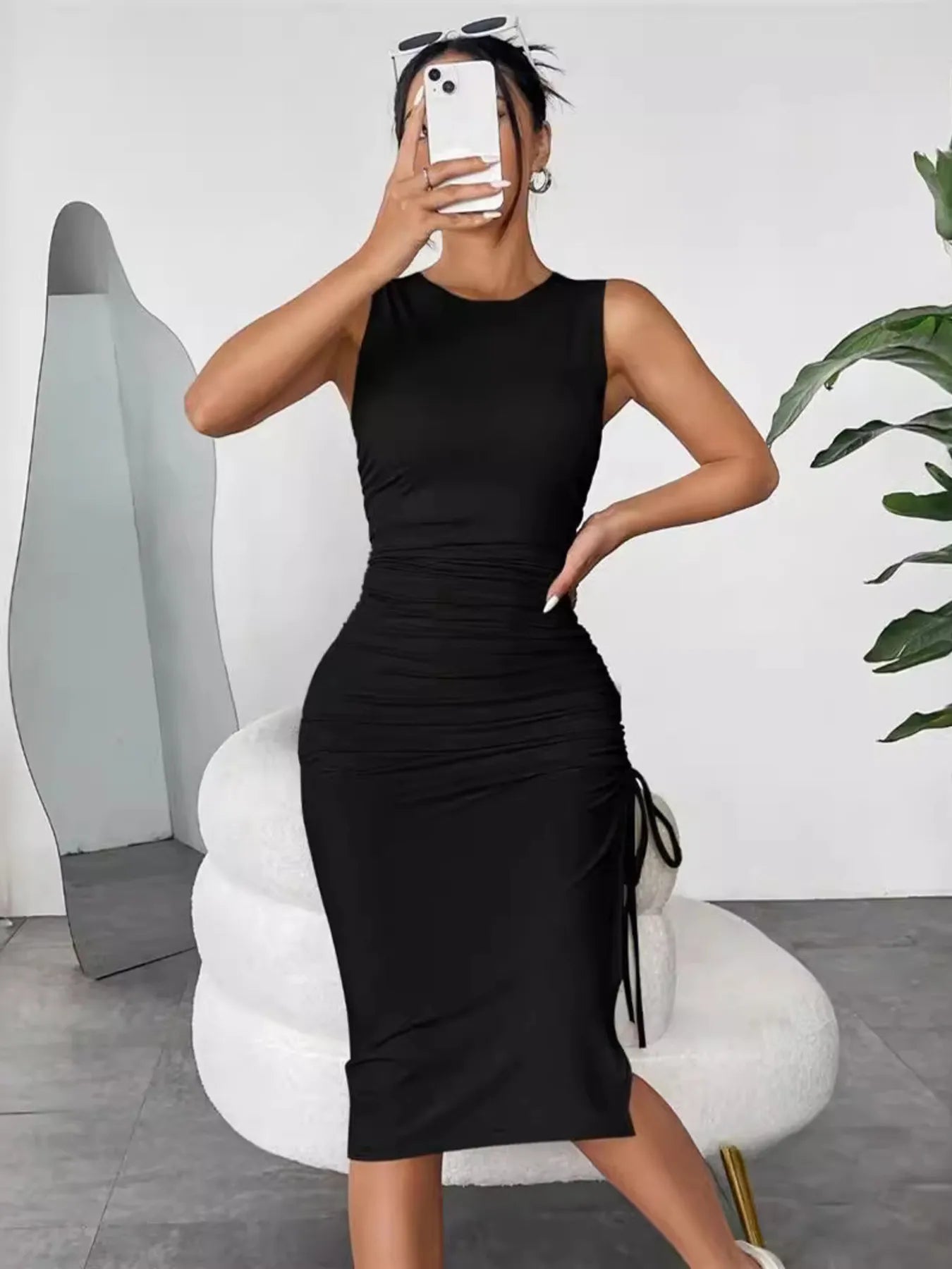 Sleeveless Ruched Bodycon Midi Dress with Side Drawstring-Nordavory