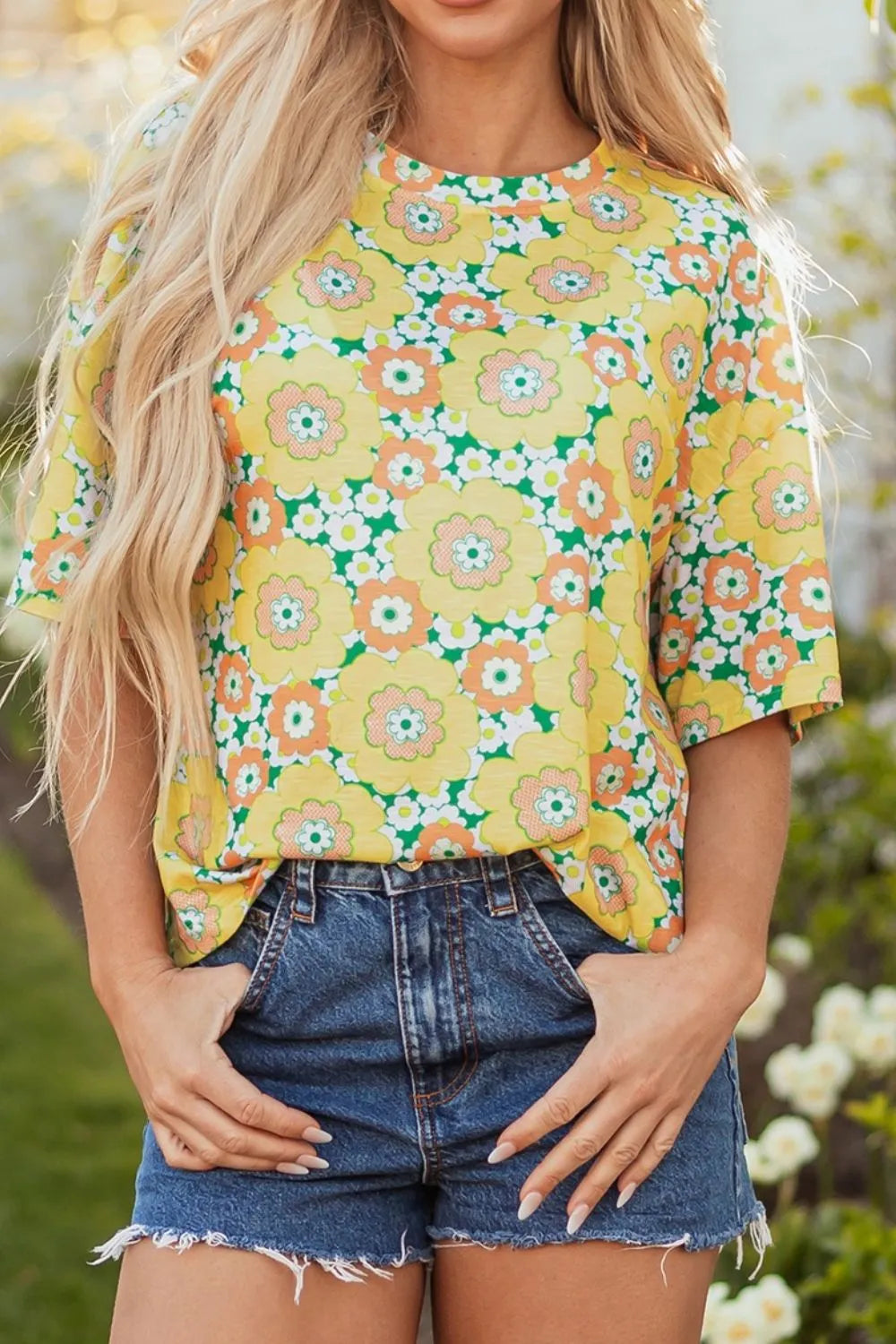 Floral Print Round Neck Oversized T-Shirt-Nordavory