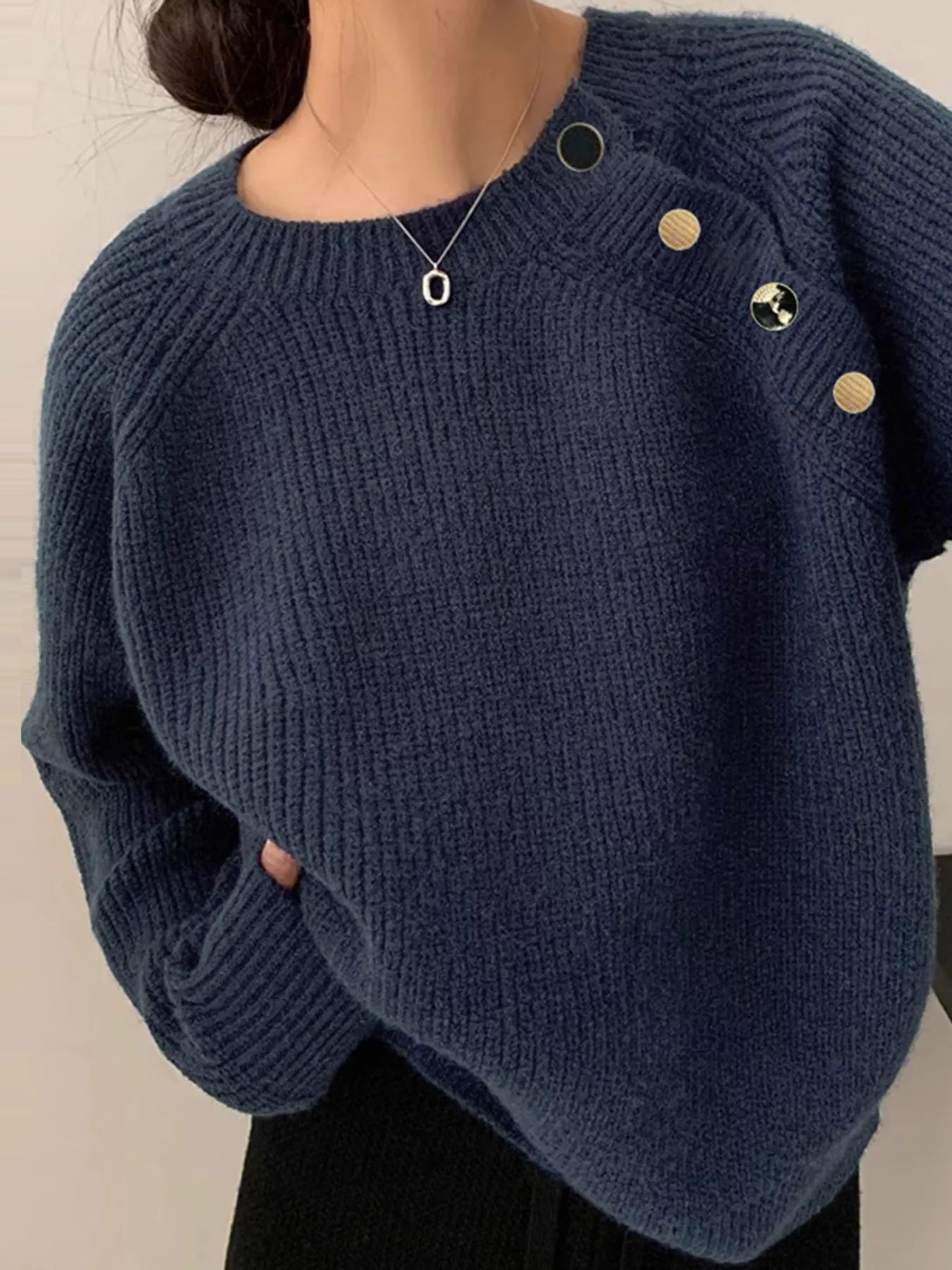 Button-Decorated Round Neck Sweater-Nordavory