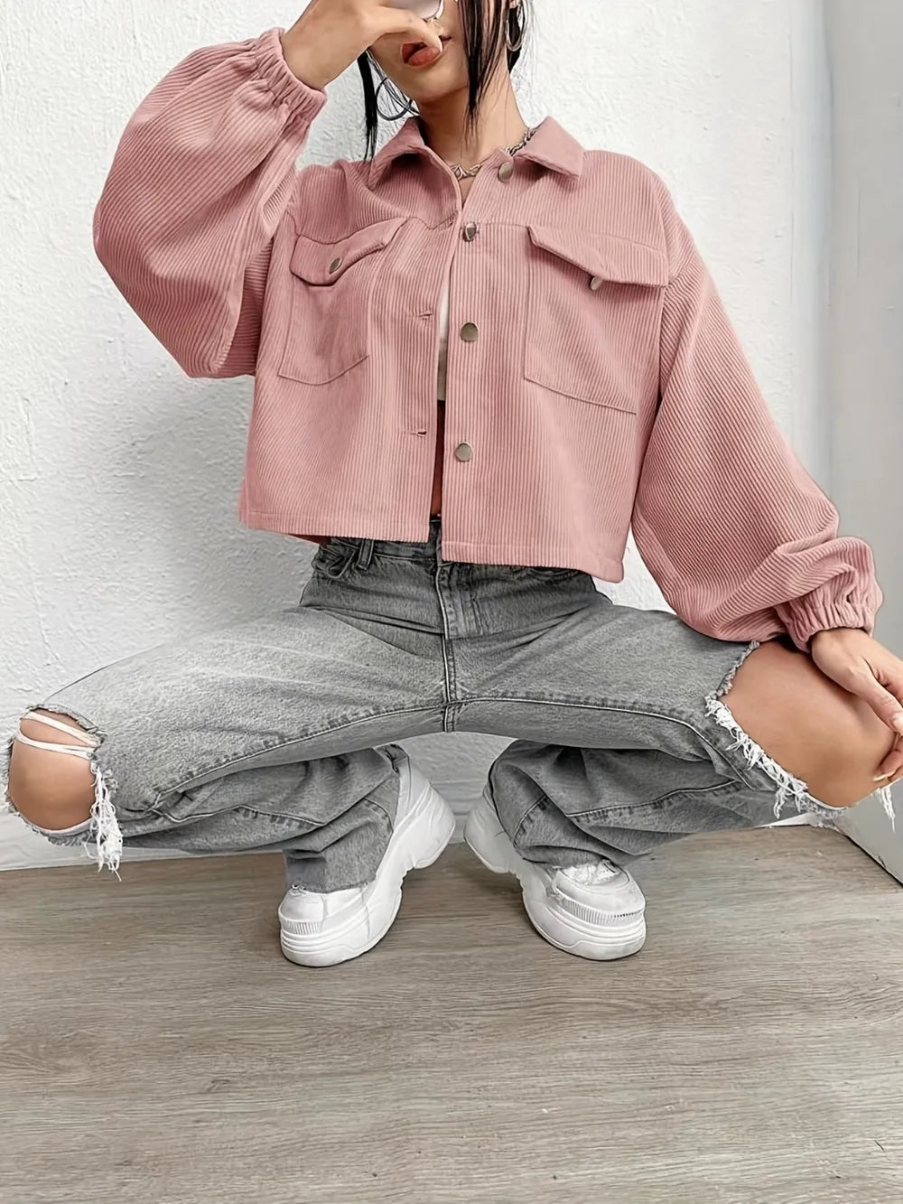 Collared Neck Dropped Shoulder Jacket-Nordavory
