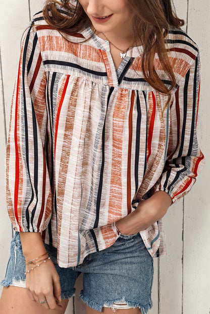 Multicolored Stripe Notched Neck Top-Nordavory