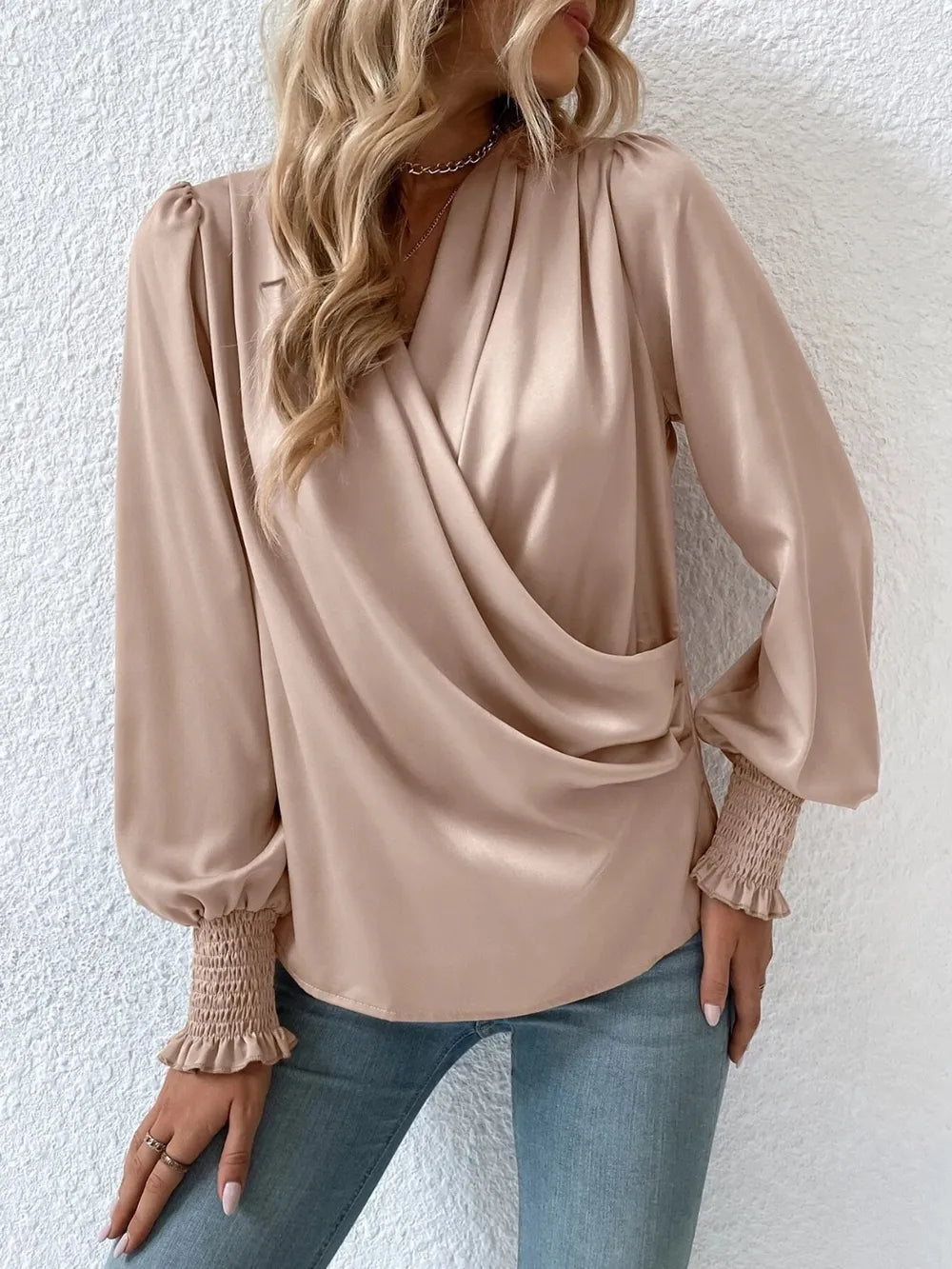 Surplice Smocked Lantern Sleeve Blouse-Nordavory