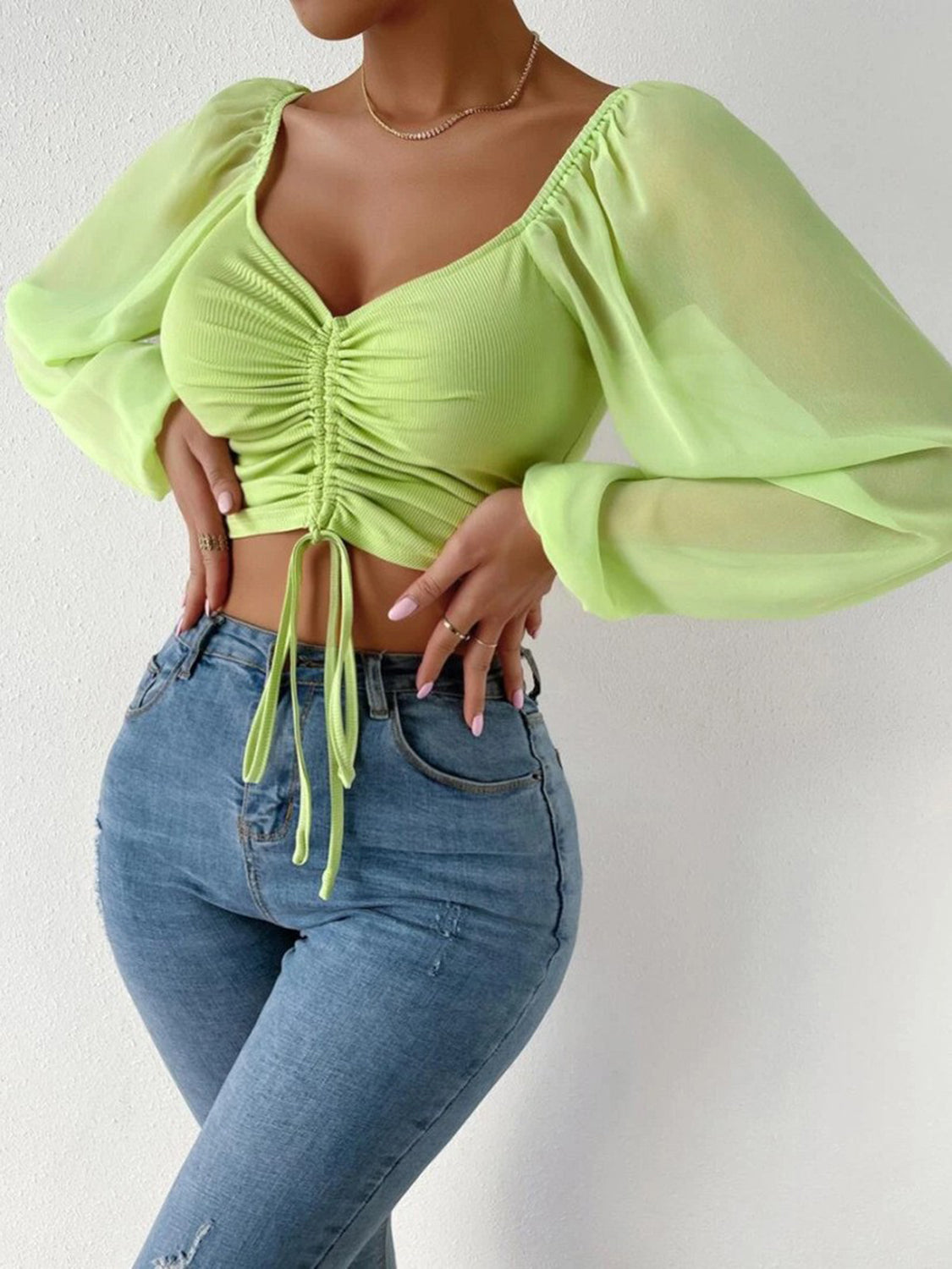 Drawstring Sweetheart Neck Cropped Top-Nordavory