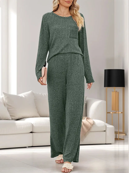 Round Neck Long Sleeve Top and Pants Set-Nordavory