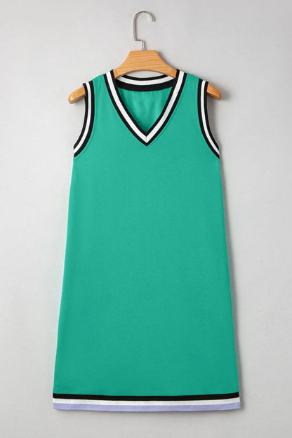 Color Contrast Trim V Neck Shift Sleeveless Mini Dress-Nordavory