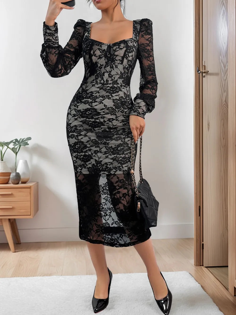 Perfee Lace Sweetheart Neck Long Sleeve Midi Dress-Nordavory