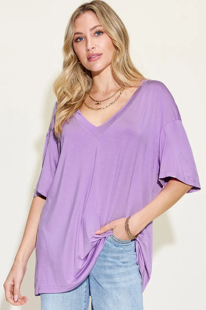 Basic Bae Full Size Bamboo V-Neck Drop Shoulder T-Shirt-Nordavory