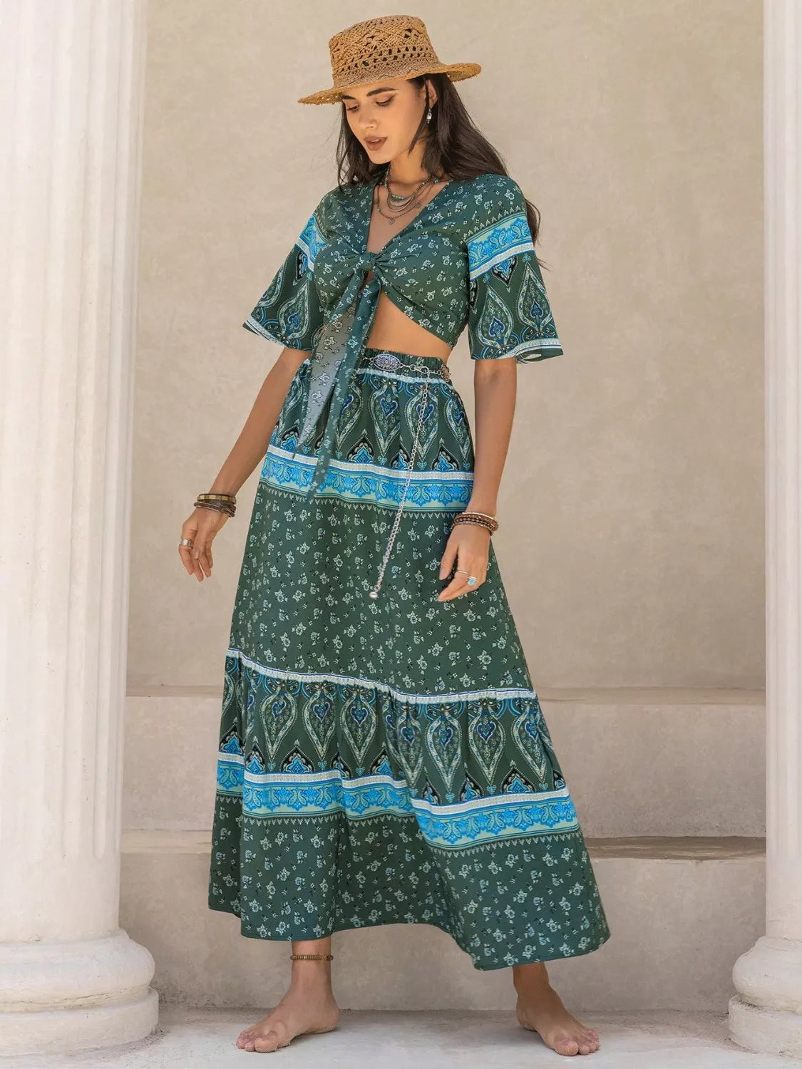Tie Front Half Sleeve Top and Skirt Set-Nordavory