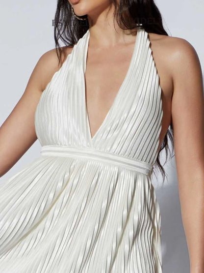 Pleated Halter Neck Mini Dress-Nordavory