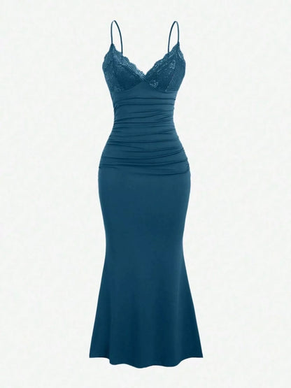 Lace Trim Ruched Mermaid Dress-Nordavory