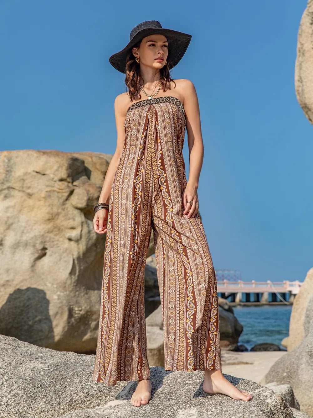 Tied Printed Tube Wide Leg Jumpsuit-Nordavory