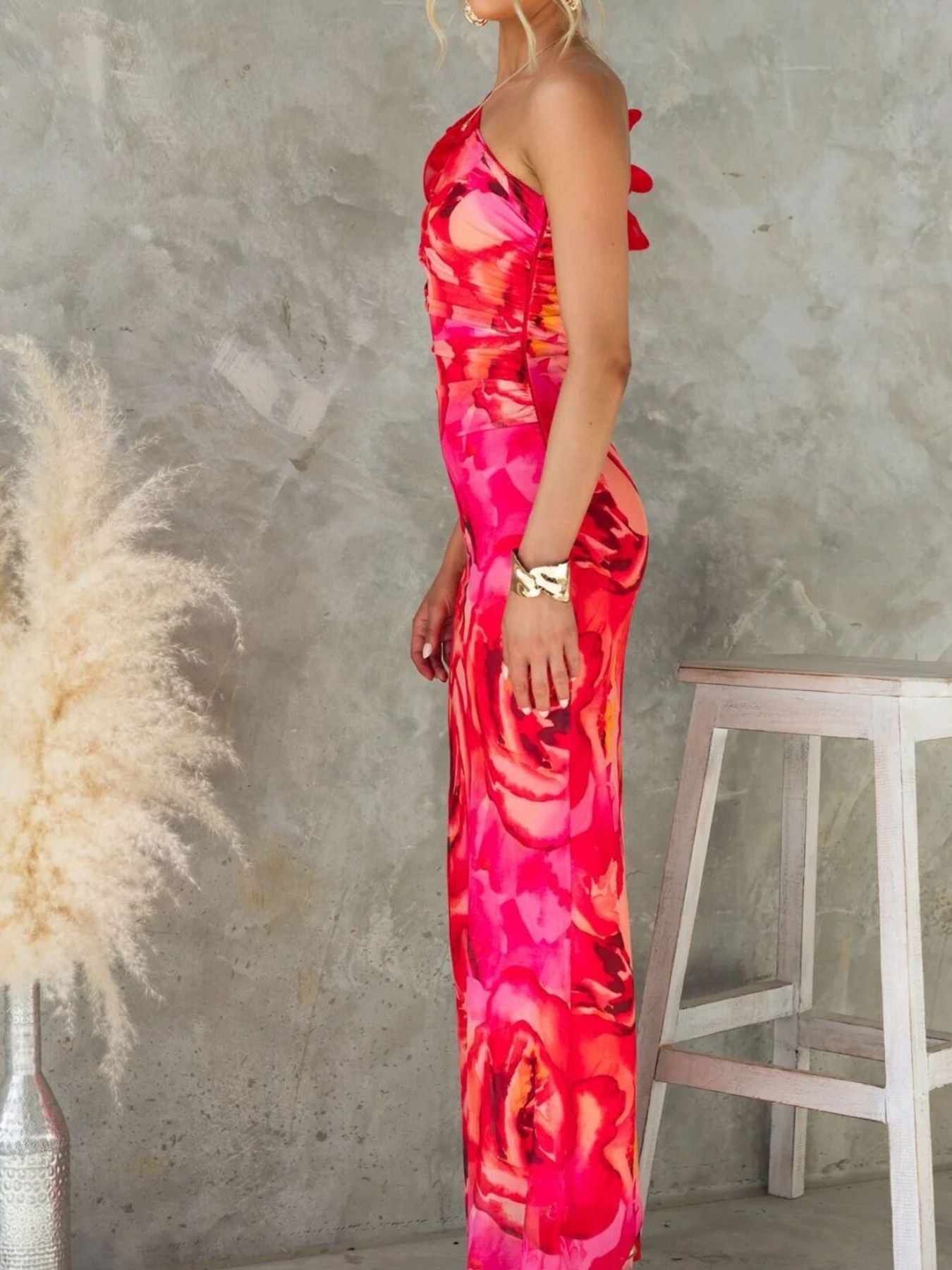 Floral Print One-Shoulder Maxi Dress-Nordavory