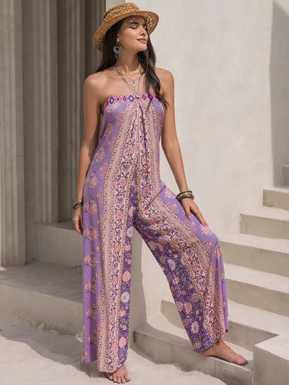 Tied Printed Tube Wide Leg Jumpsuit-Nordavory