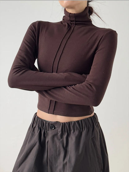 High Neck Long Sleeve Cropped T-Shirt-Nordavory
