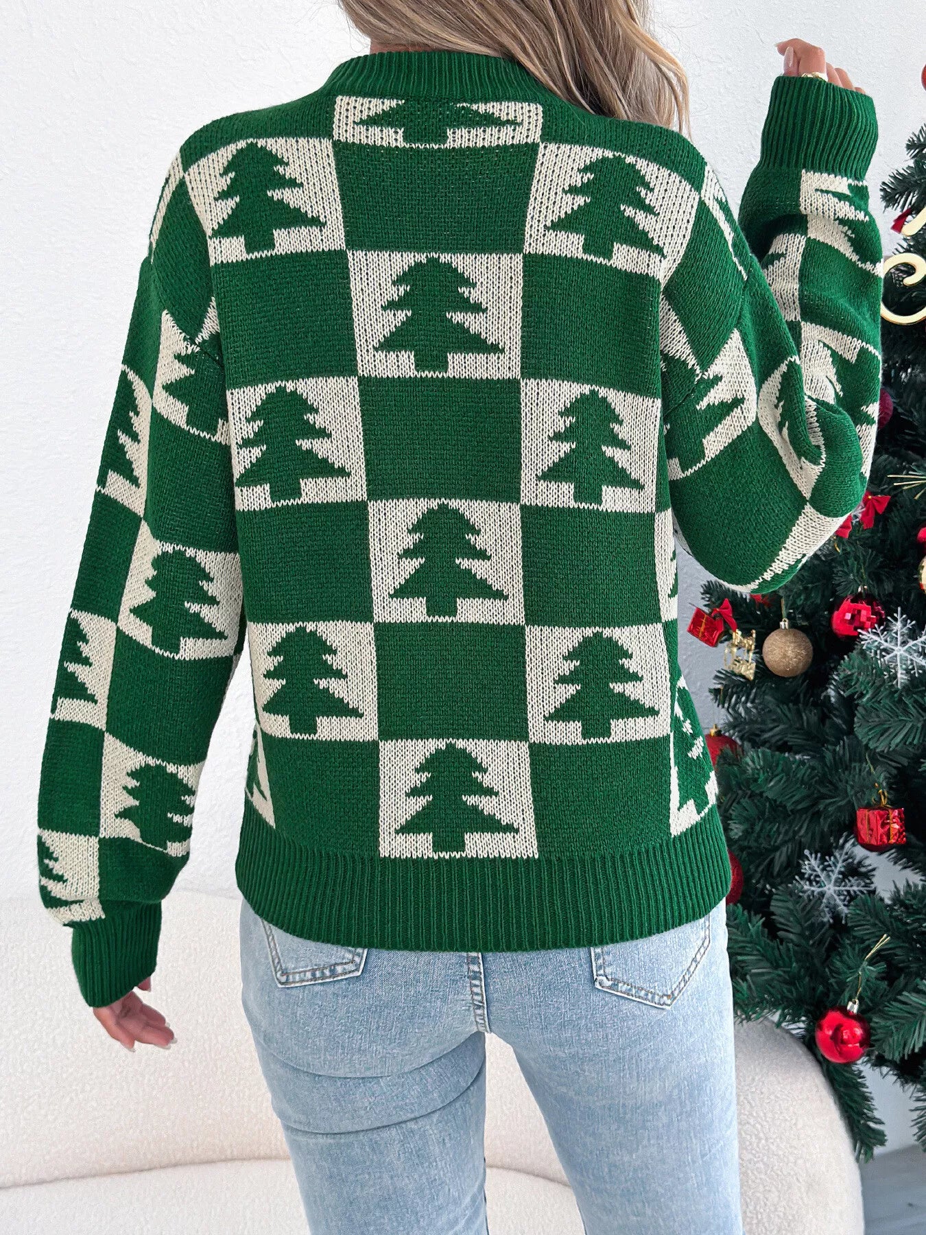Christmas Tree Checkerboard Pattern Sweater-Nordavory