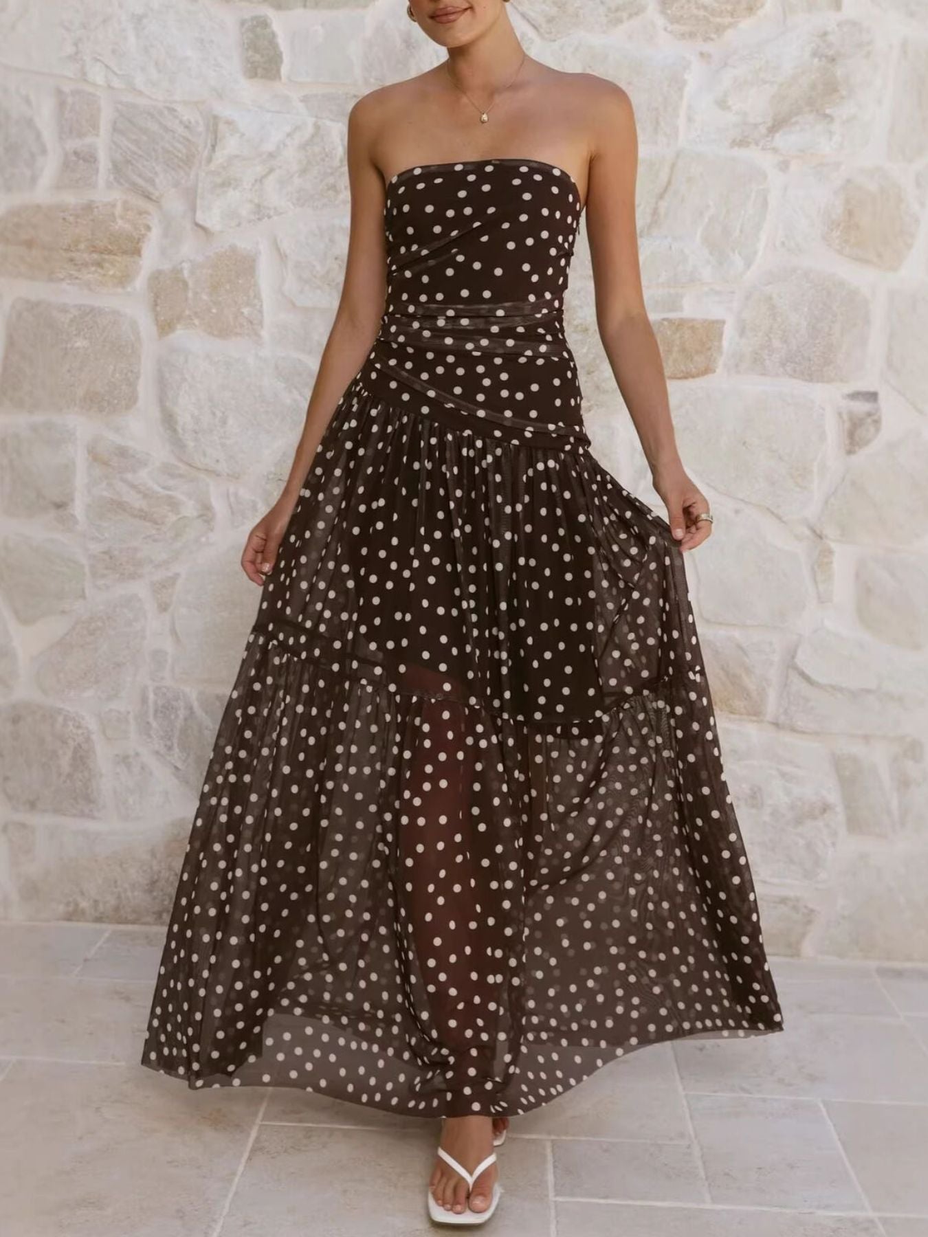 Polka Dot Strapless Ruched Maxi Dress-Nordavory