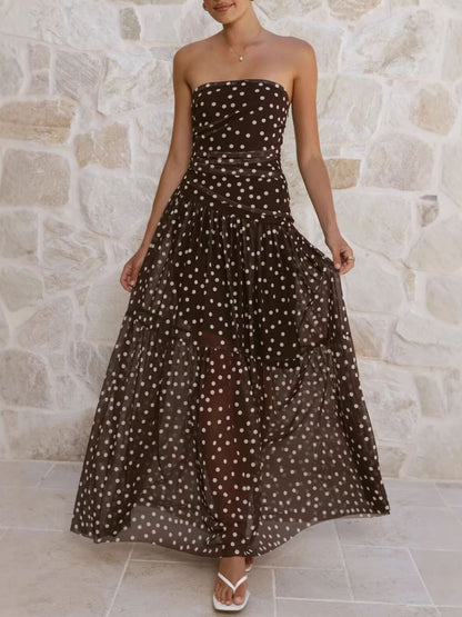 Polka Dot Strapless Ruched Maxi Dress-Nordavory
