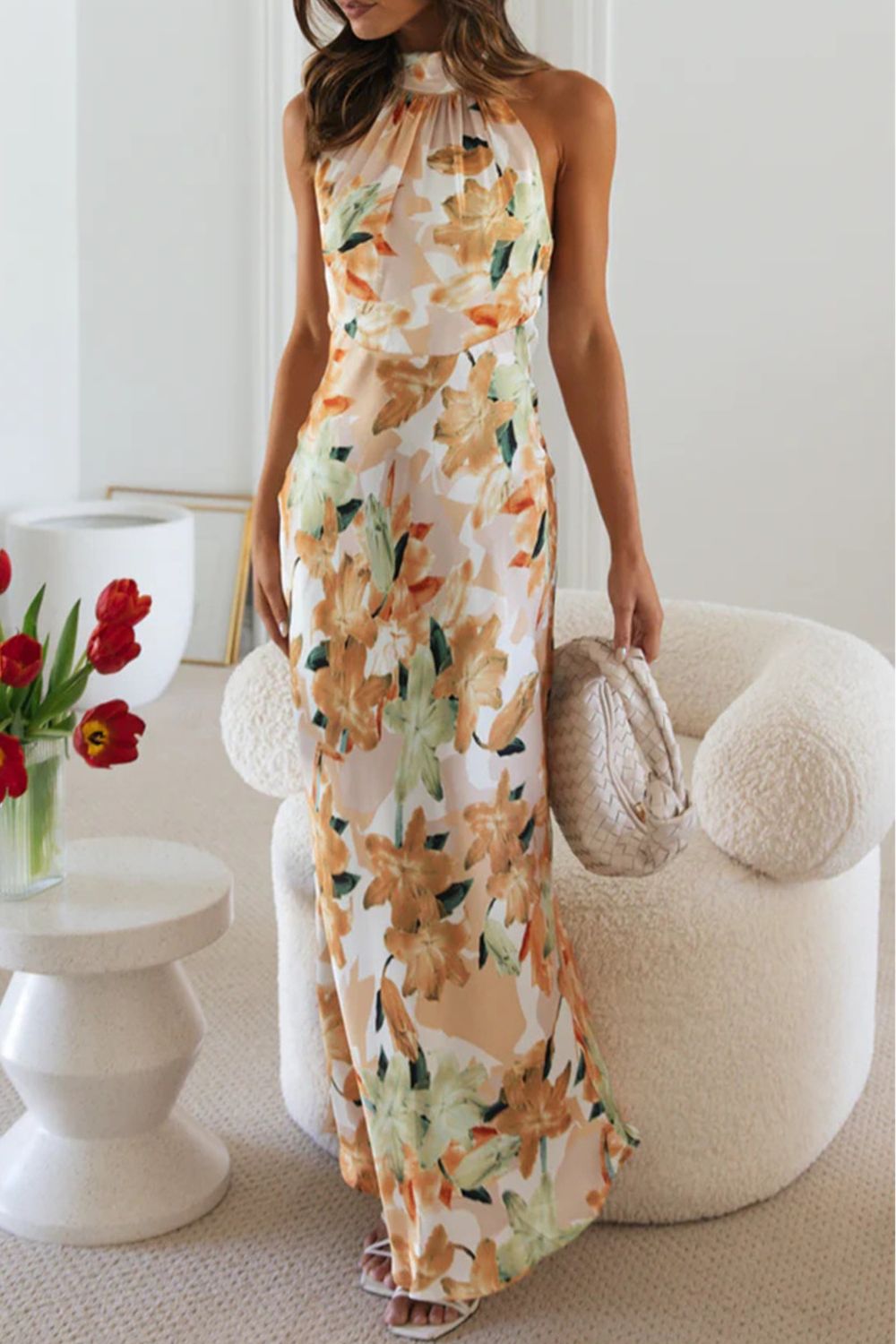 Floral Print Halter Neck Maxi Dress-Nordavory