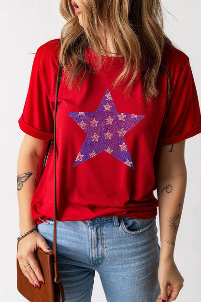 Patriotic Star Round Neck T-Shirt-Nordavory
