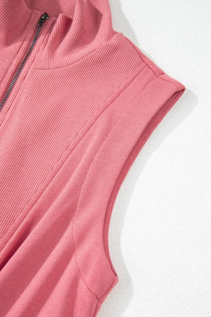 French Terry Zipped Collar Sleeveless Drawstring Waist Mini Dress-Nordavory