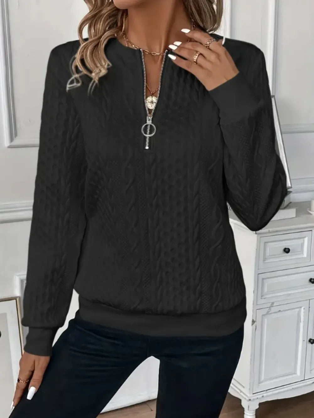 Texture Half Zip Long Sleeve Sweatshirt-Nordavory