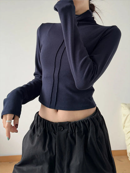 High Neck Long Sleeve Cropped T-Shirt-Nordavory