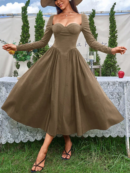 Sweetheart Neckline Long Sleeve A-Line Midi Dress-Nordavory
