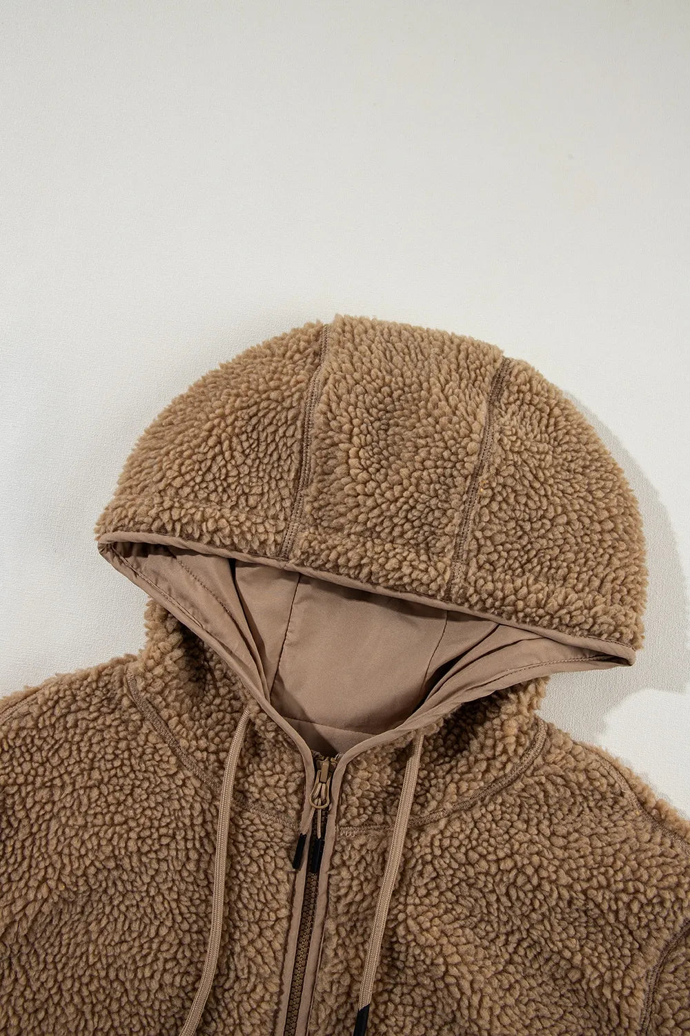 Drawstring Fleece Zip Up Hooded Jacket-Nordavory