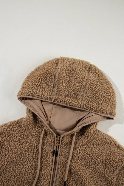 Drawstring Fleece Zip Up Hooded Jacket-Nordavory
