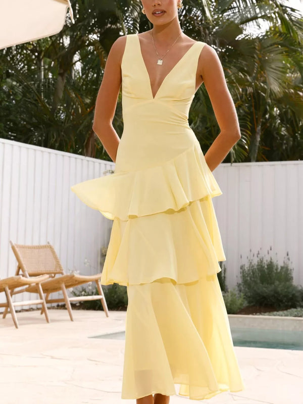 Sleeveless Ruffled Layered Backless Maxi Dress-Nordavory
