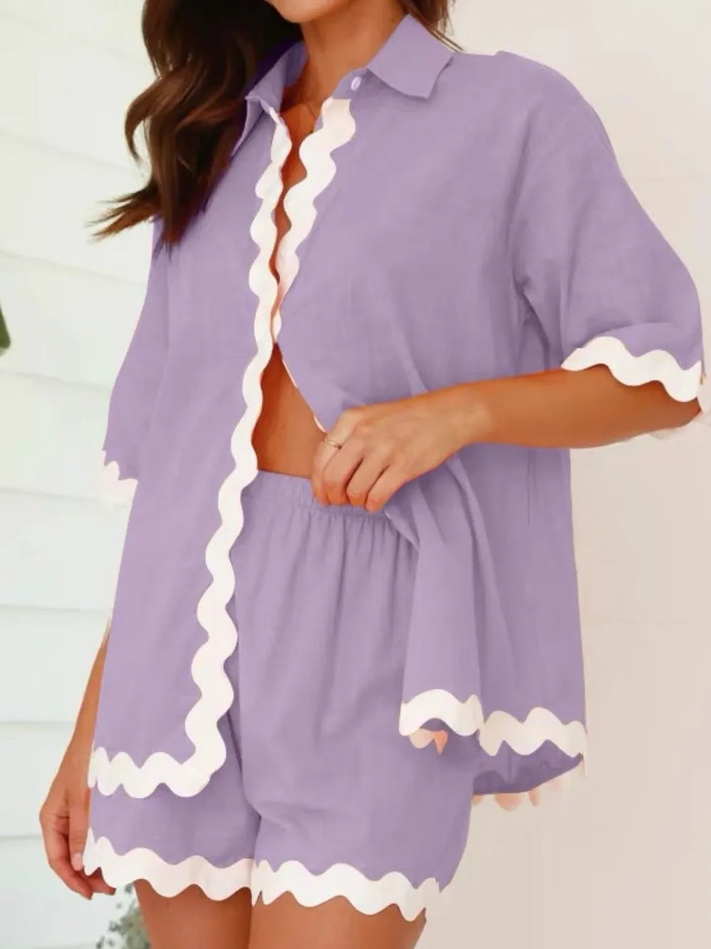 Contrast Trim Collared Neck Top and Shorts Set-Nordavory